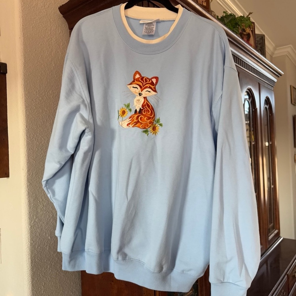 Country store fox embroidered baby blue pullover sweater